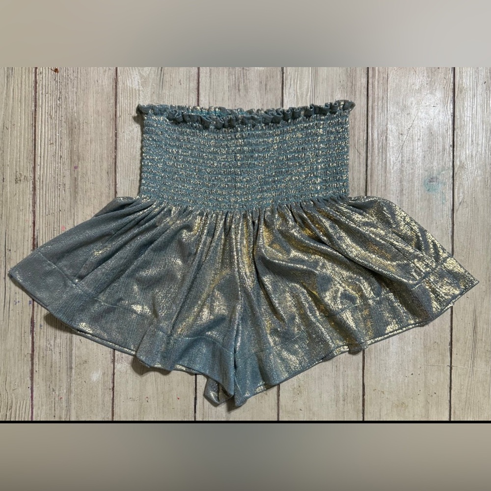 Queen of Sparkles blue gold glitter metallic swing shorts skirt XS